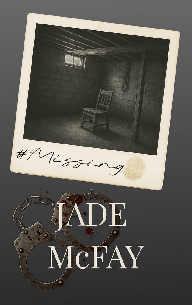 Front cover of the book, showing a polaroid of a dark, dank basement with a wooden chair in the middle. Authors name underneath "Jade McFay". Handuffs with blood in the background